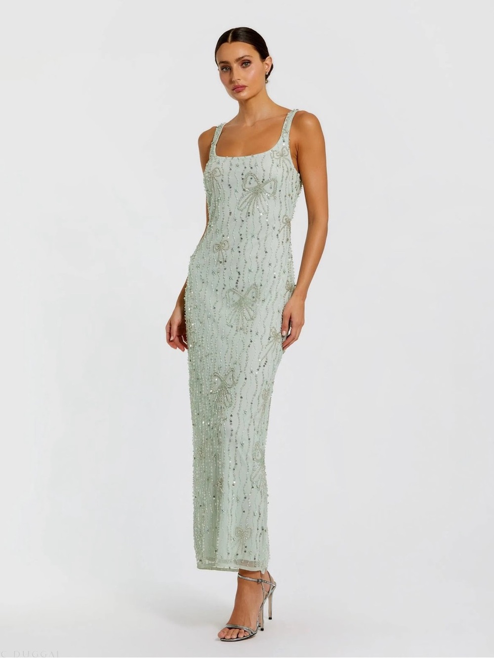 Mac Duggal 94129 Green Scoop Neck Embellished Dress With Bow Detail Size 6 NWT